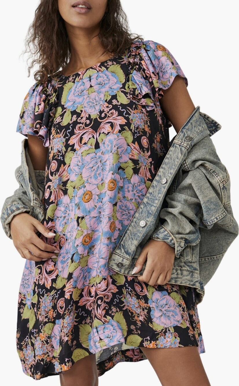 Free People Yara Floral Mini Dress Black Pink Blue Flutter Sleeve Large Boho Fun